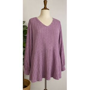 VISLILY Brown Women's Textured Babydoll Tunic Top Long Sleeve V-Neck Mauve
